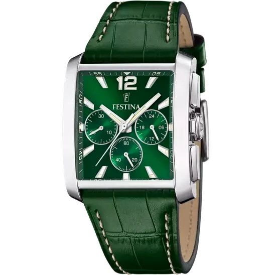 Festina F206363 Mens Green Leather Strap Square Analog Dial Chrono Wristwatch