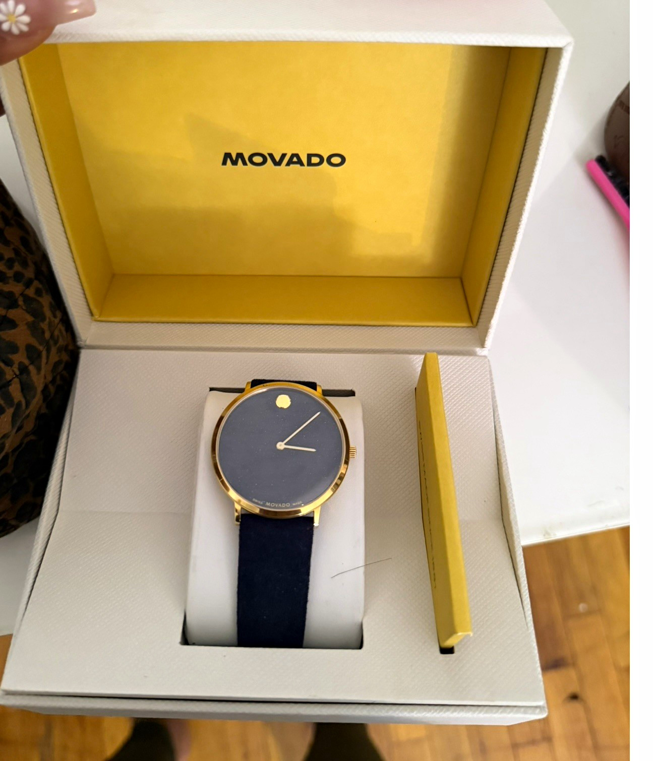 Movado Museum Swiss Made Quartz Blue Dial Gold SS Case Blue Leather Strap w/Box