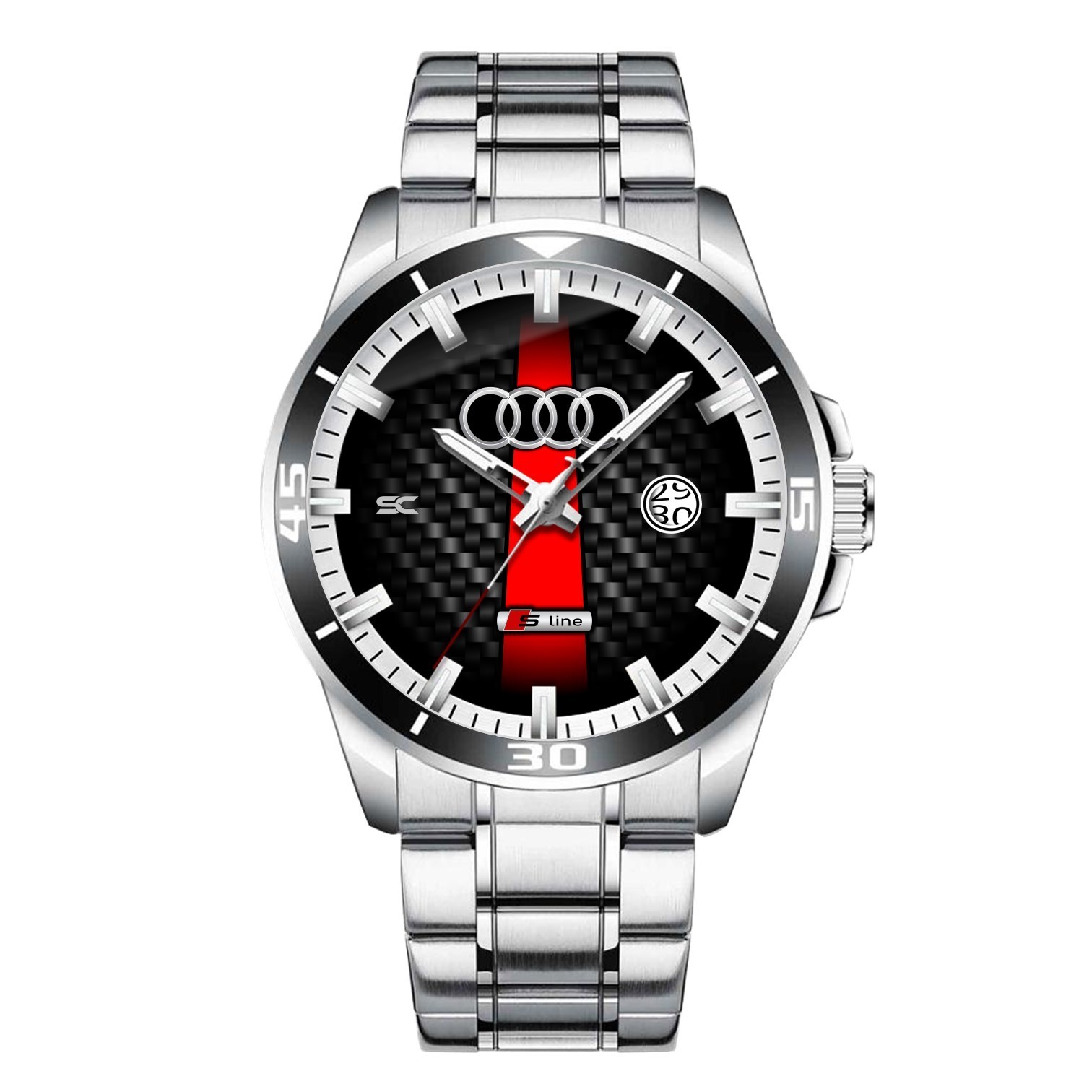 Audi Sport S line Carbon Look Heritage Lovers Steel Wrist Watch