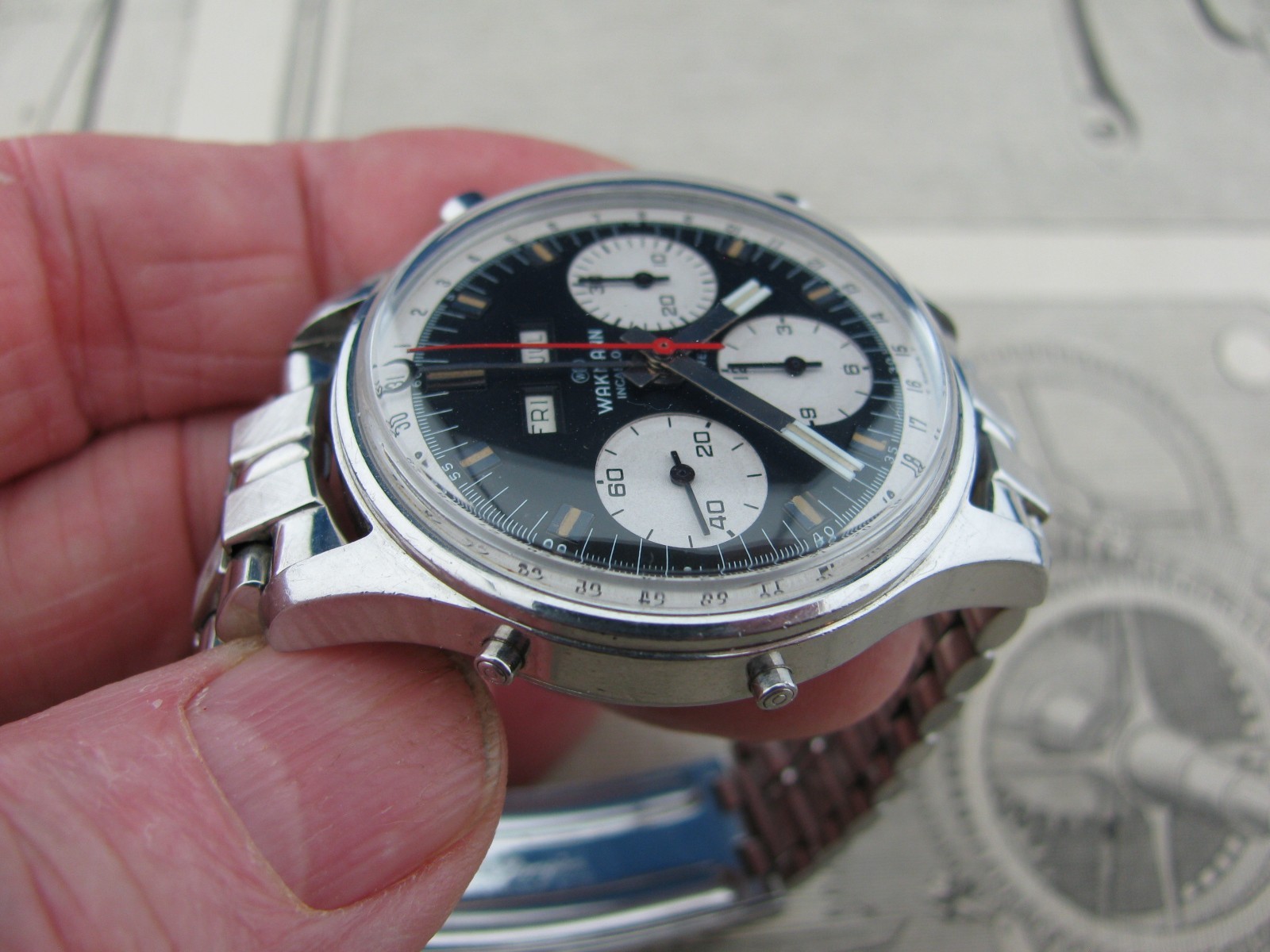 Wakmann Triple Date Calendar Chronograph Reverse Panda Dial Original Unpolished