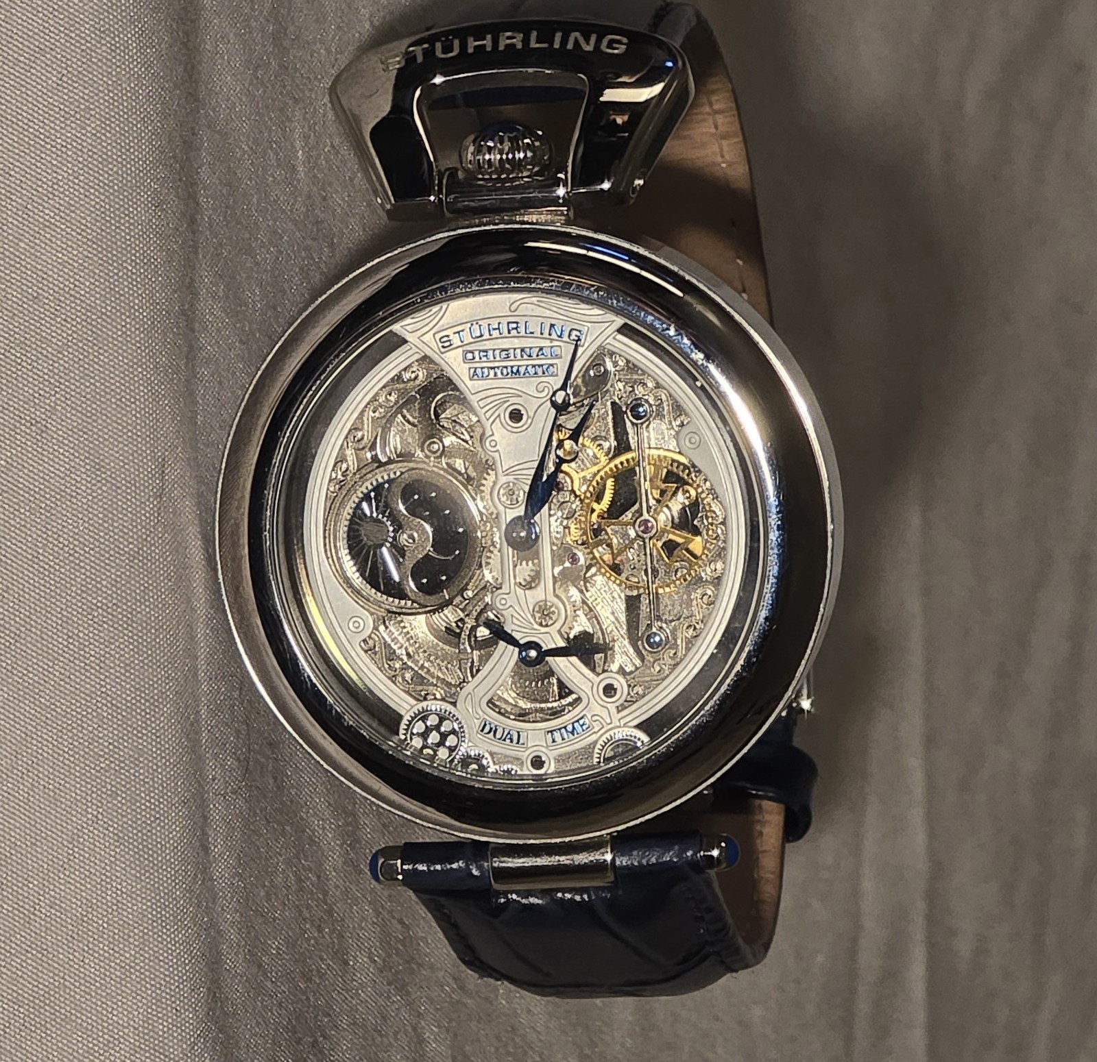 Stuhrling Original Men’s Automatic Skeleton Dial Watch Blue Leather