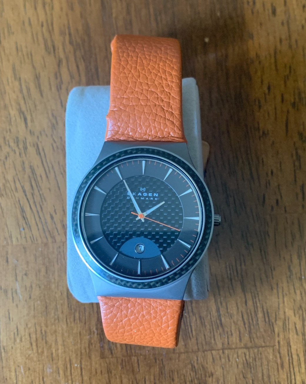 Skagen Denmark 234XXLTLO Titanium Quartz Watch Black Carbon Fiber Dial Orange Ba