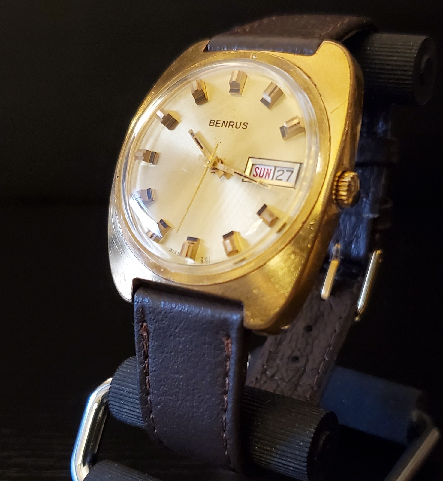 Vintage 1970s Benrus Ref. 3135 361 Gold Plated Manual Wind Watch, Stem Issue