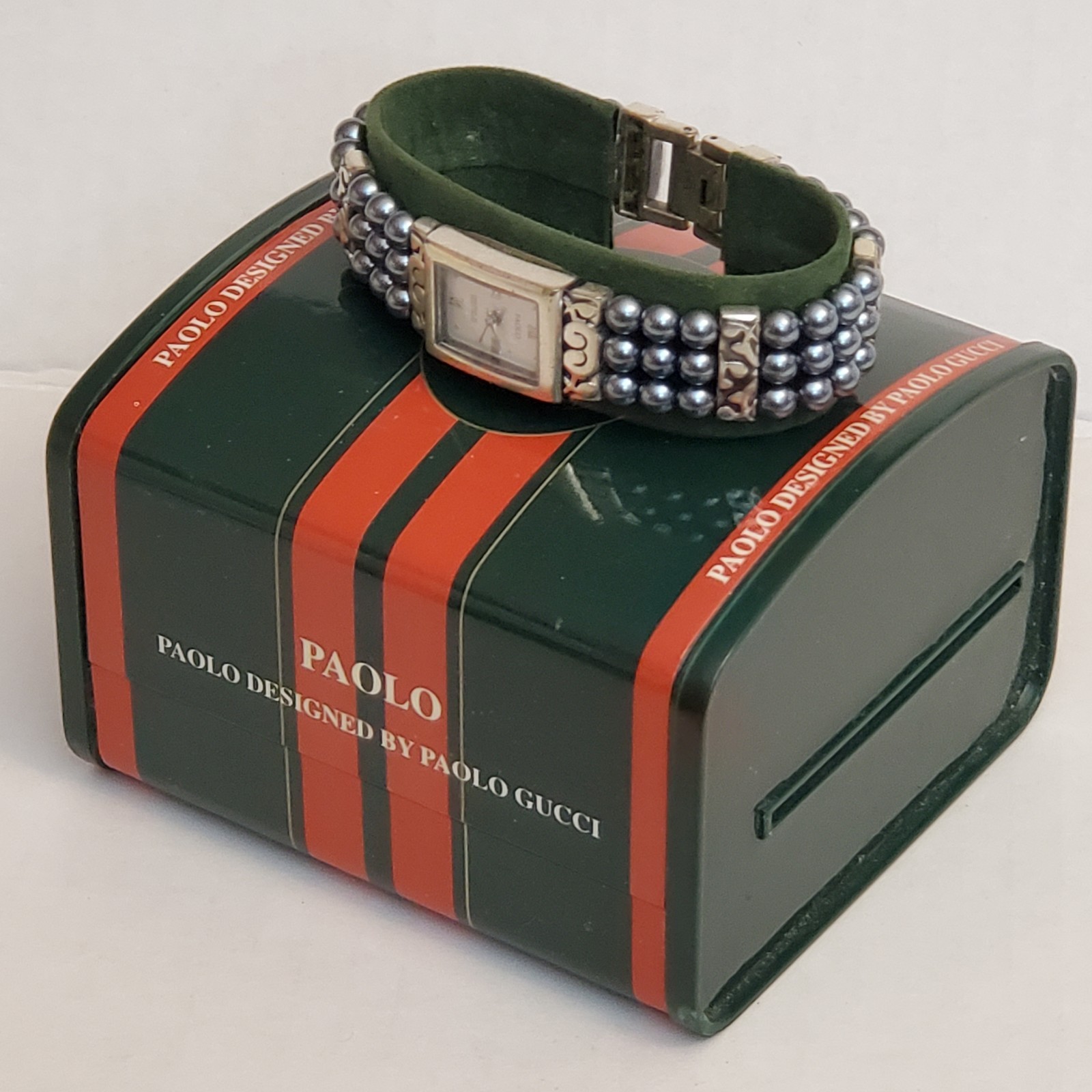 Paolo Gucci Women’s Watch Silver With Gray Blue Beads White Face Floral
