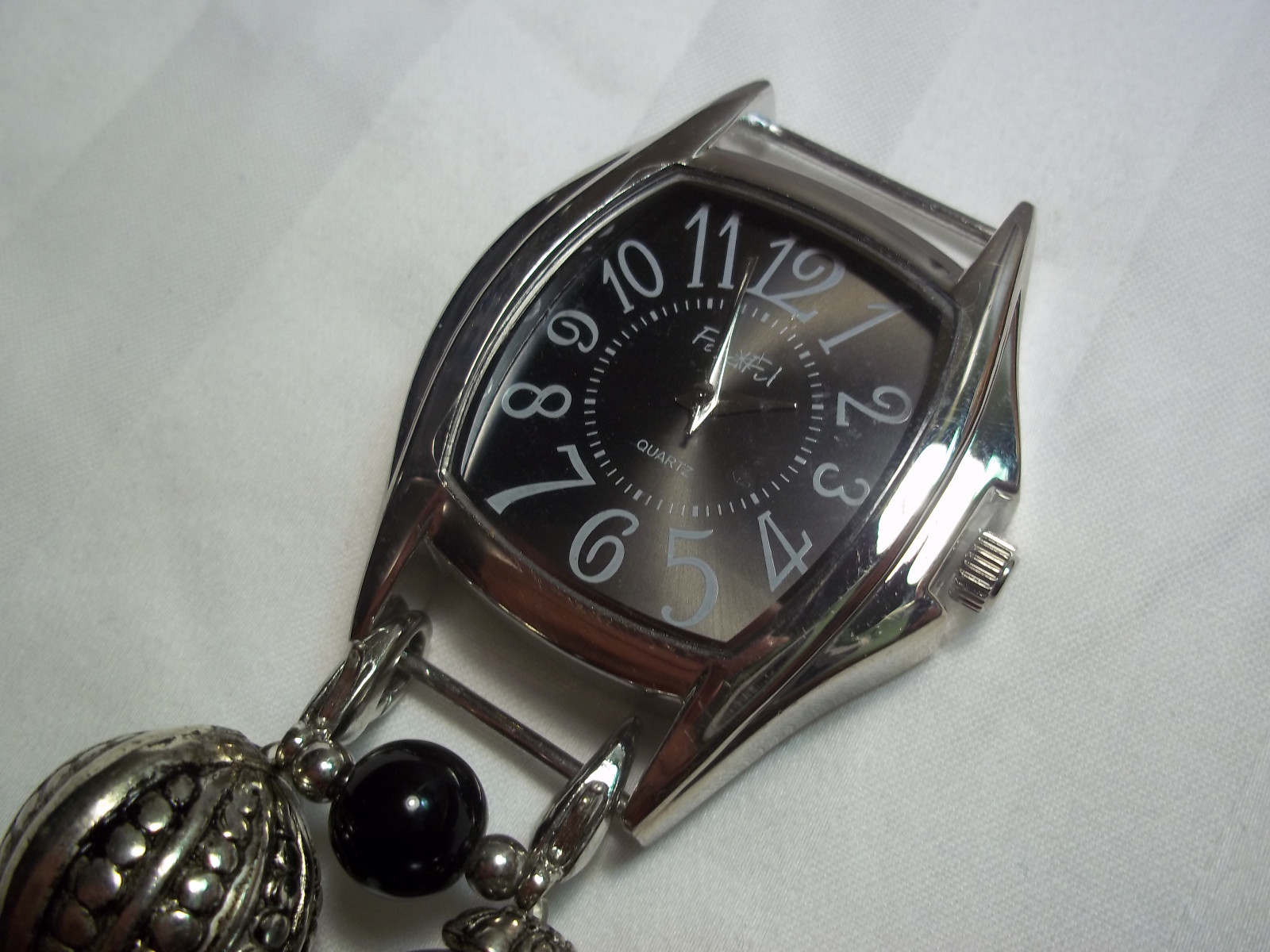 SILVER and BLACK Solid Bar Watch Face with RED, BLACK and GREY Watch Band J-77