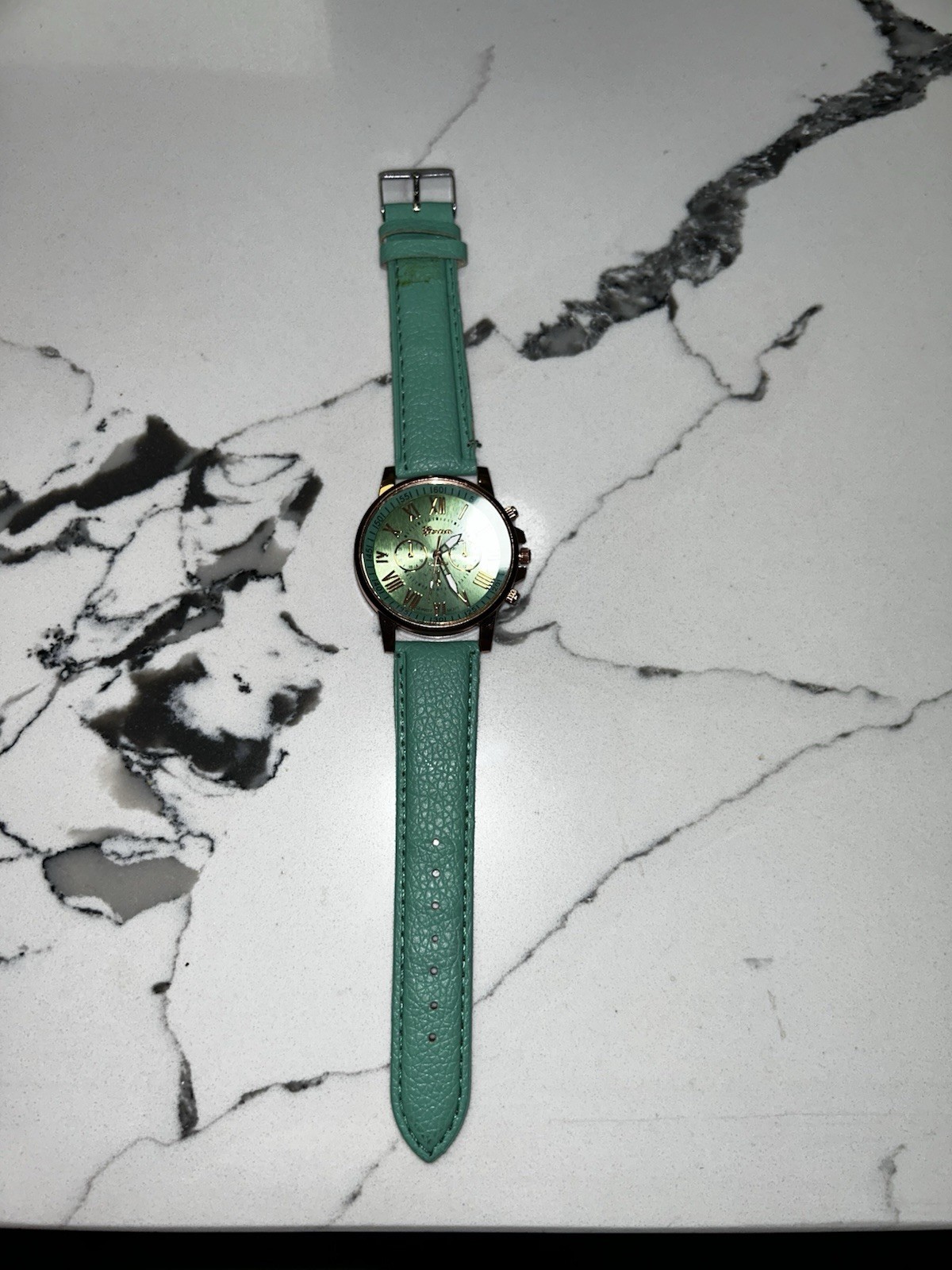 Geneva Women’s Analog Quartz Watch Green Faux Leather Strap Gold Case