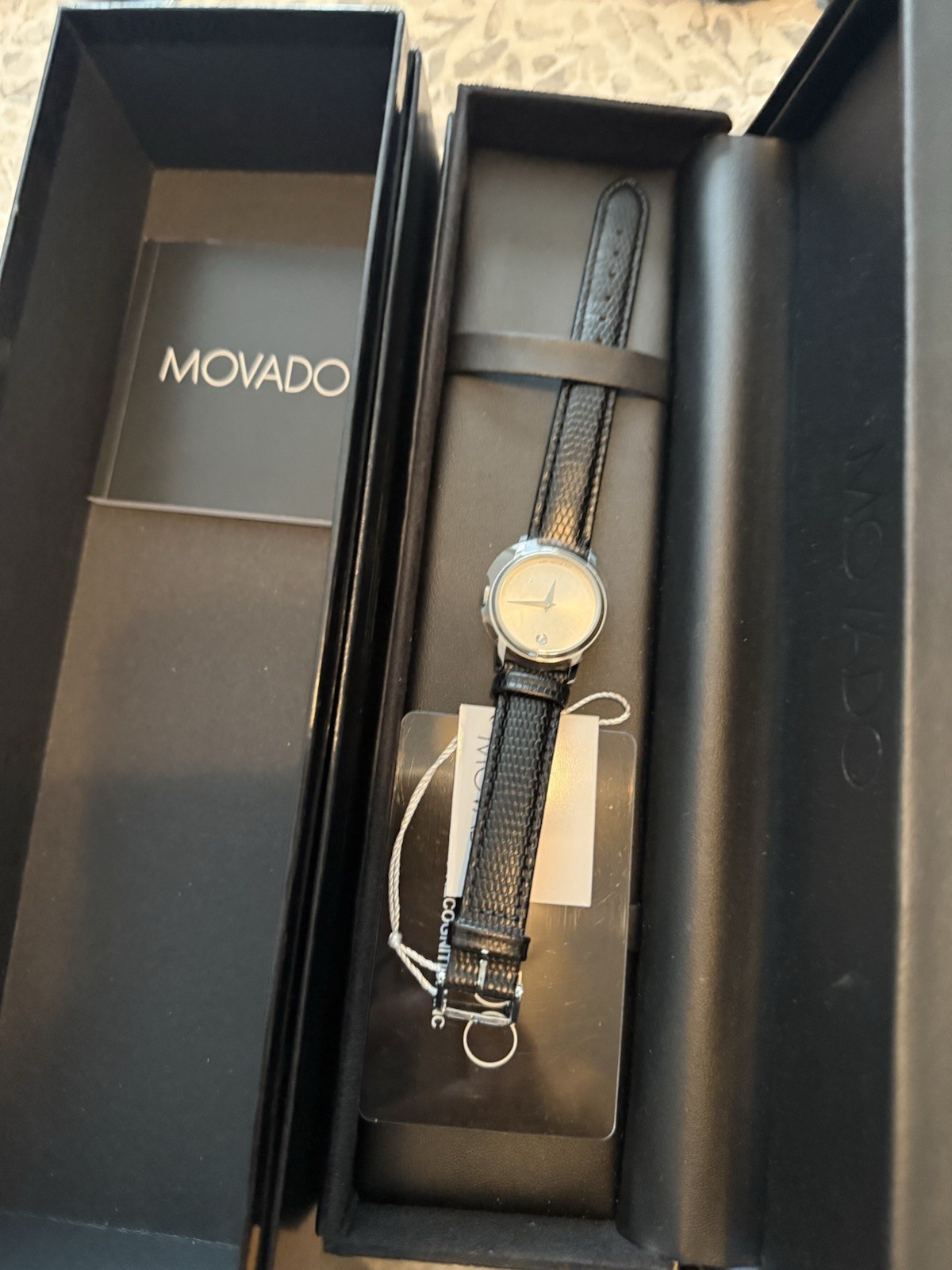 Movado Museum Women’s Quartz Silver Dial Black Leather Strap Watch Box Manual