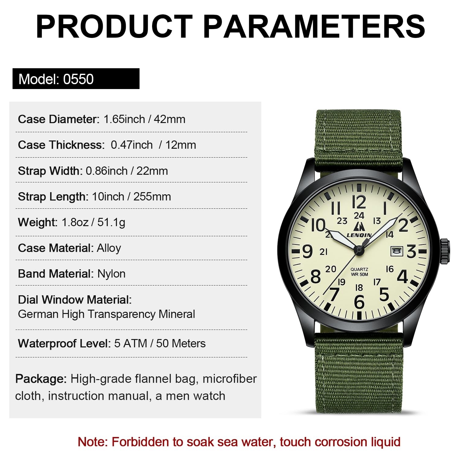 Military Quartz Watch 42mm Nylon Strap Glow Dial Waterproof Tactical Analog Men