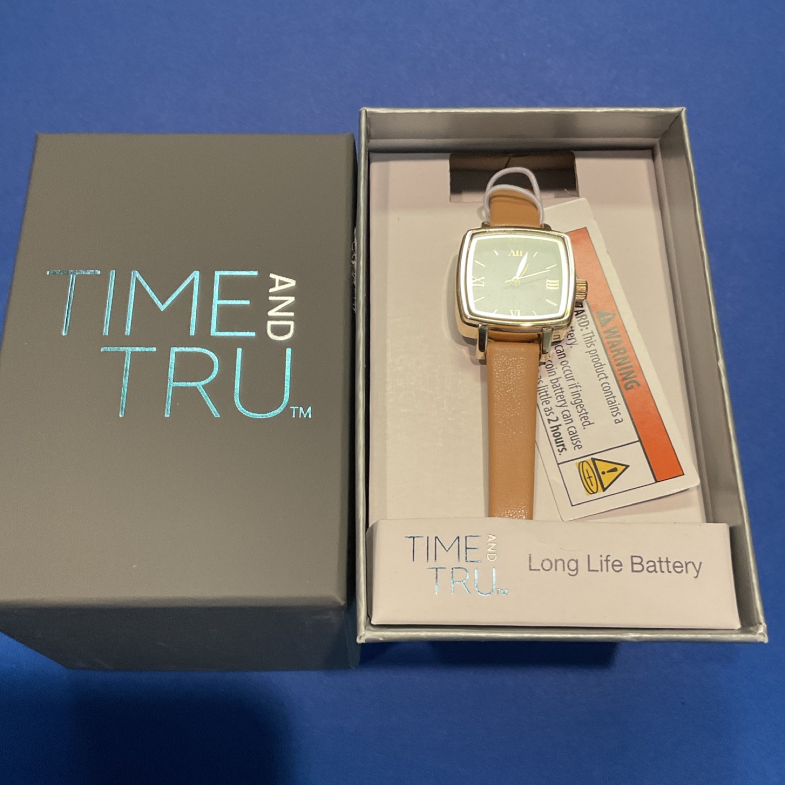 TIME AND TRU Women’s Square Gold Analog Watch Black Dial Tan Faux Leather Band