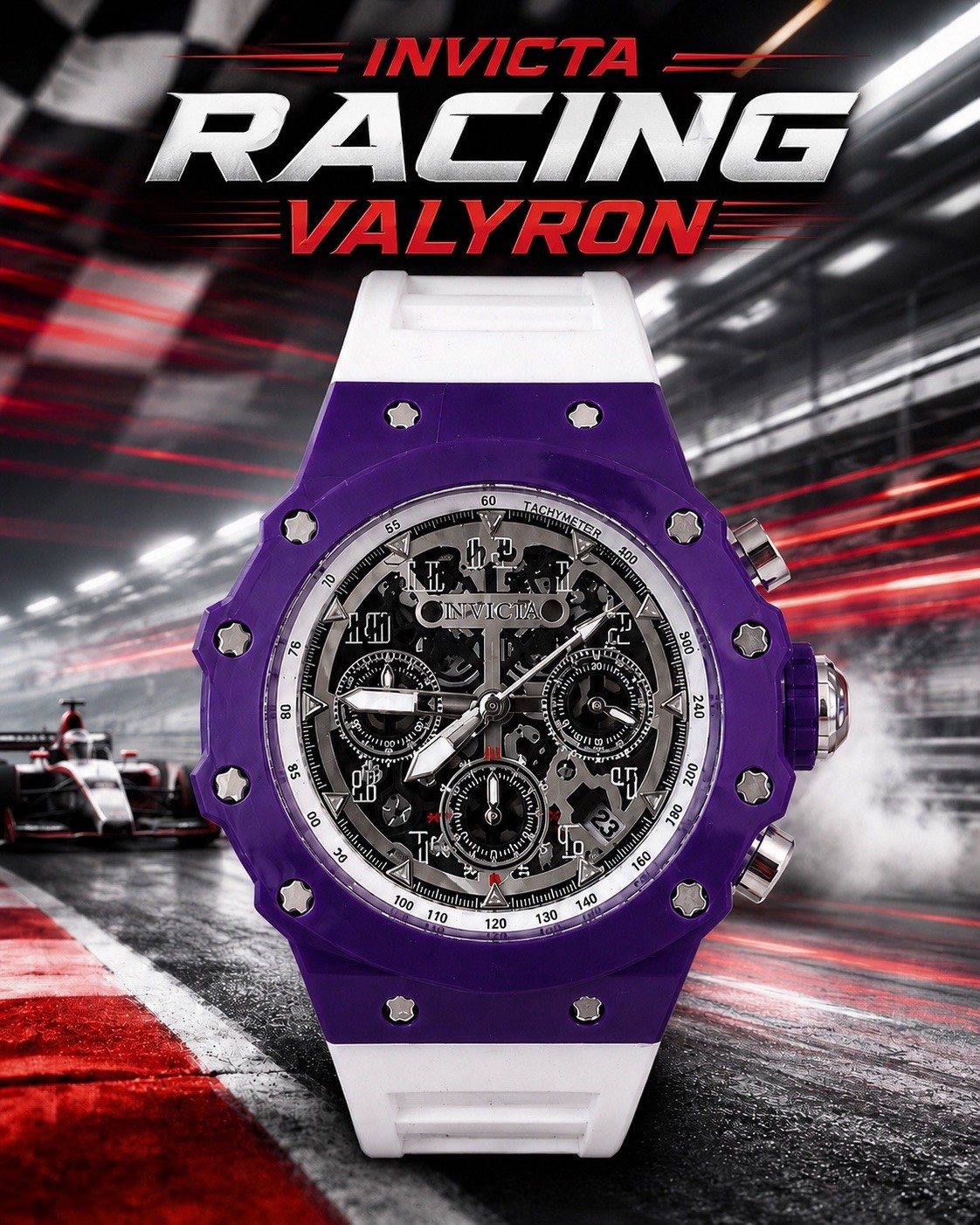 NEW Invicta Racing Valyron Chronograph Tachymeter Date Quartz Purple/White