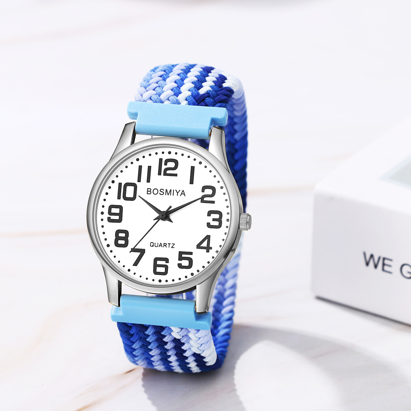 Women Men Elastic Braided Band Large Round Dial Easy Reader Analog Quartz Watch