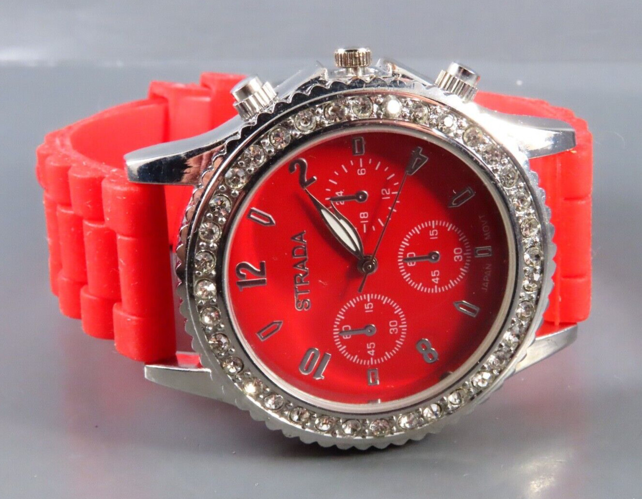 STRADA WRIST WATCH Red Silicone Sport Band SILVER w/CLEAR CRYSTALS Big Dial