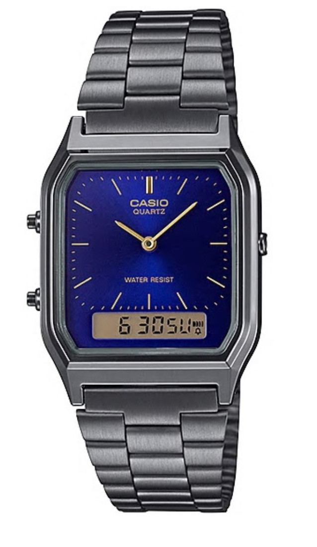Casio Retro Vintage Watch AQ-230GG-2A Gunmetal Gray Blue Dial Dual Time New