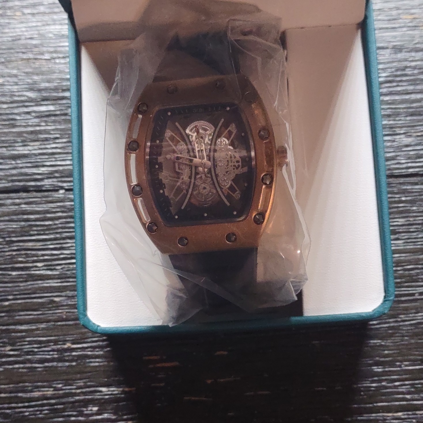 BIBI Luxury Watch Automatic Skeleton Dial Rose Gold Tonneau Black Rubber Strap