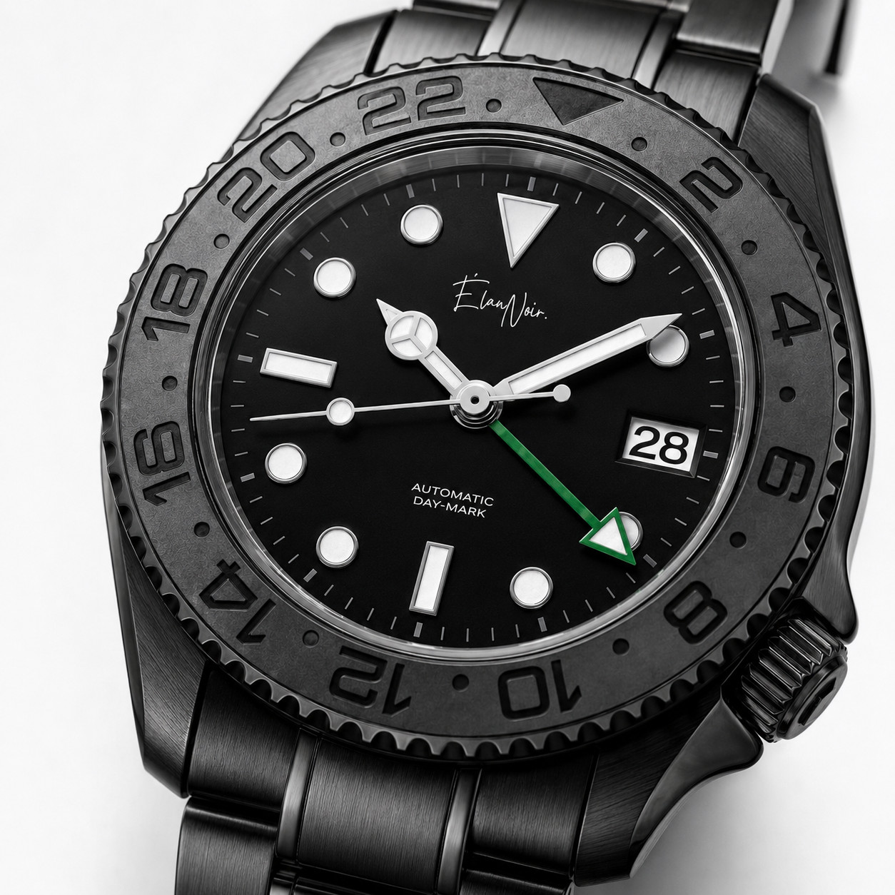 Élan Noir Automatic Day Date GMT Watch 41mm Black-Out NH35 Stainless Steel Green