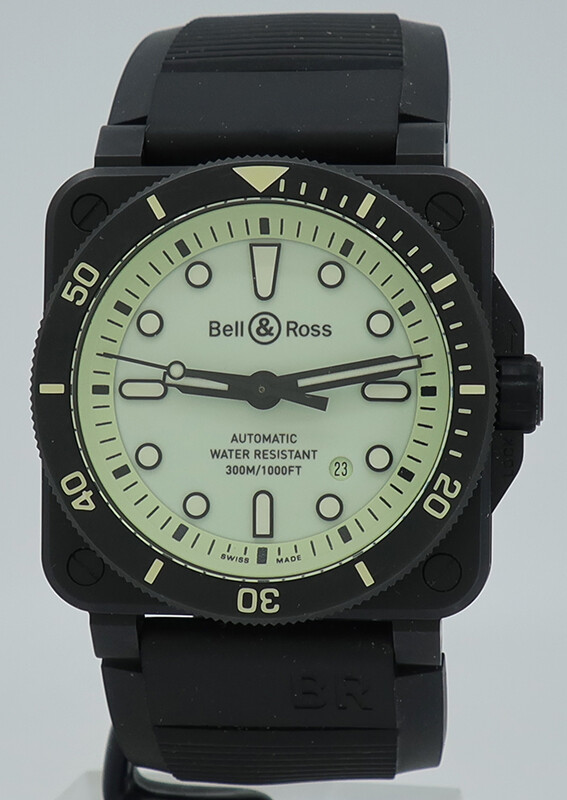 Bell & Ross ref BR03-92 Black Ceramic Auto 42mm LE Diver Full Lum on Rubber