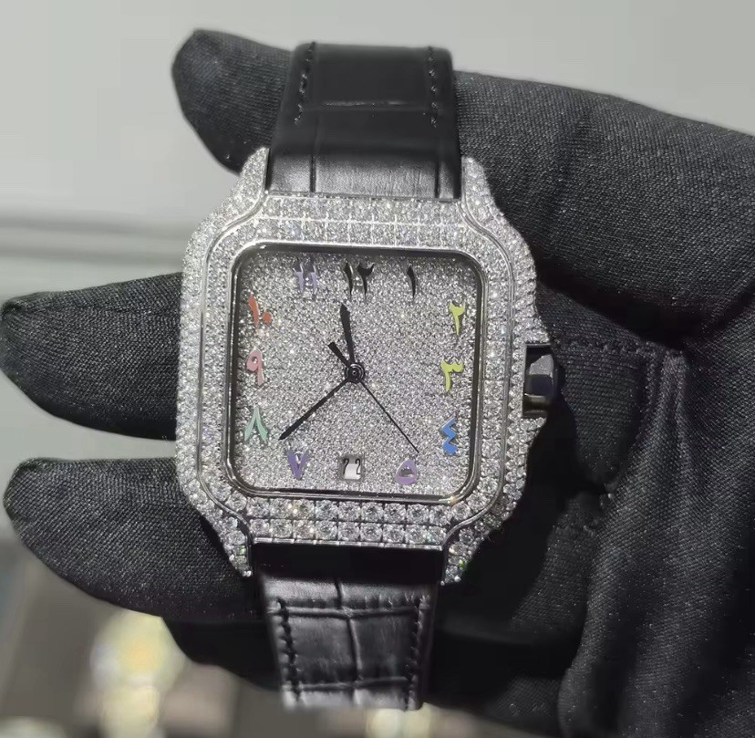 Men’s Moissanite Arabic Colors Watch GRA Certified Iced Out Leather Band