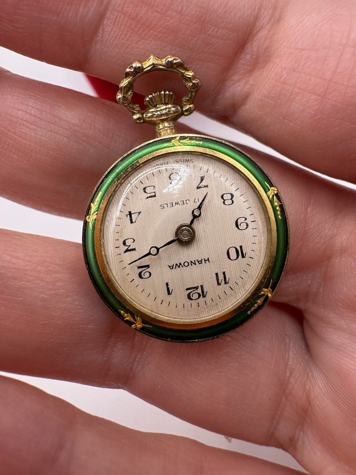 Vintage 80’s HANOWA Swiss M Guilloché Green Enamel on Gold Round Pocket Watch