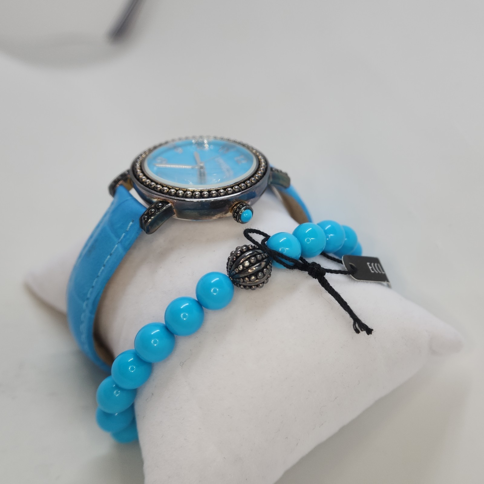 Ecclissi Turquoise Gemstone Leather Watch w/ Stretch Bracelet, Average