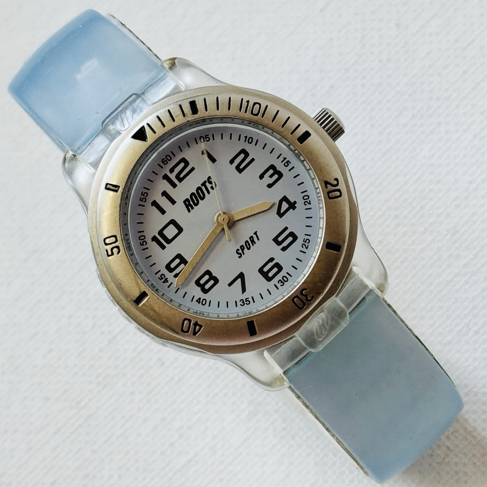 Roots Kids Clear Plastic Watch Silver Rotating Bezel Blue Silicone RKS501