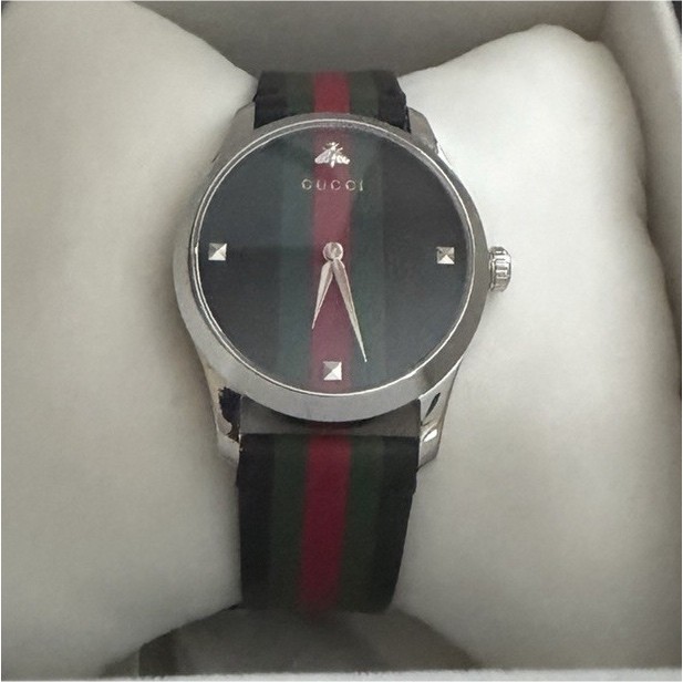 Gucci Analog Wristwatch Black Dial Leather Strap Green Red Black w/ Original Box