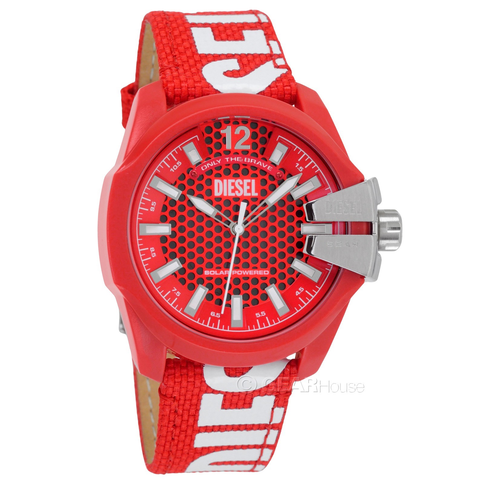 DIESEL Baby Chief Mens Solar Powered Watch, Red Dial, Canvas Textile Logo Band