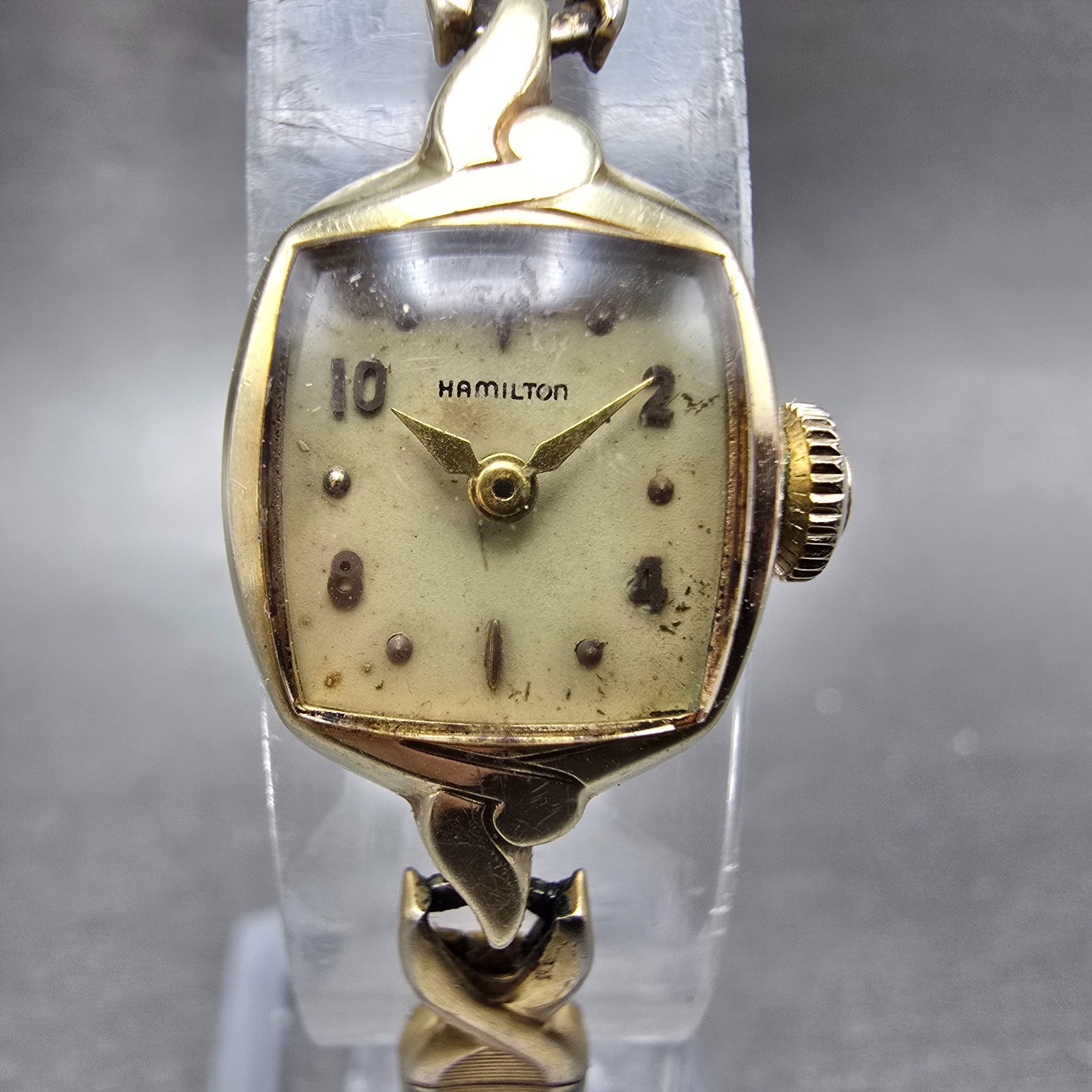 Hamilton Watch Women 14mm Cream Dial 14k Gold Rectangle Manual Wind Runs VTG