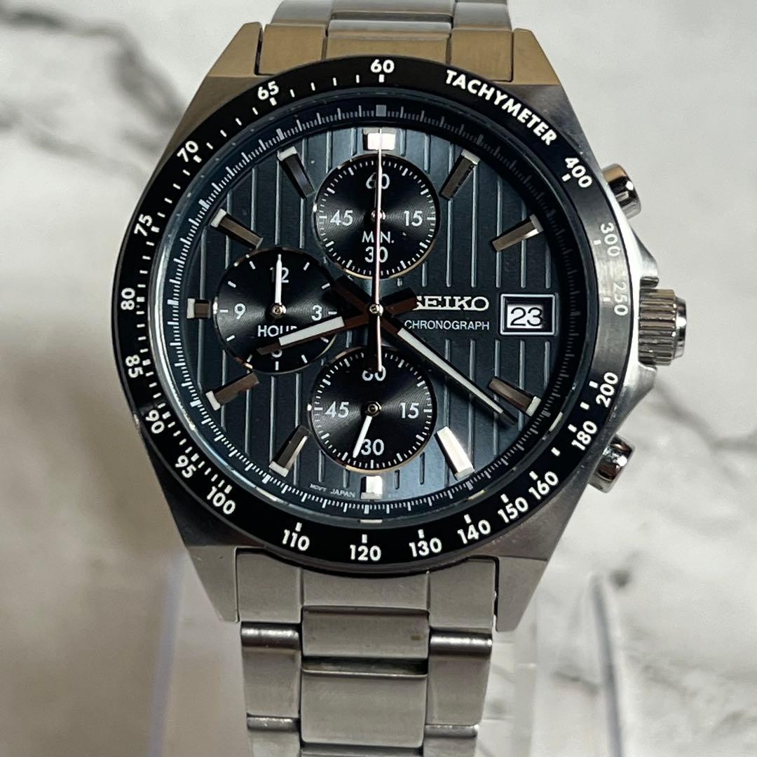 Working beautiful item Seiko chronograph 8T67 00Y0 men s wristwatch blue gray