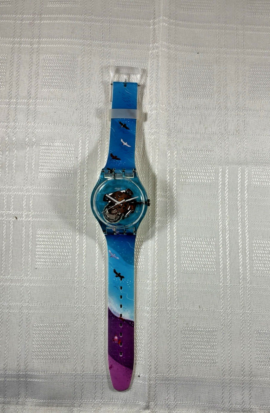 Swatch Automatic Skeleton Dial birds Blue Clear Plastic Wristwatch (not working)