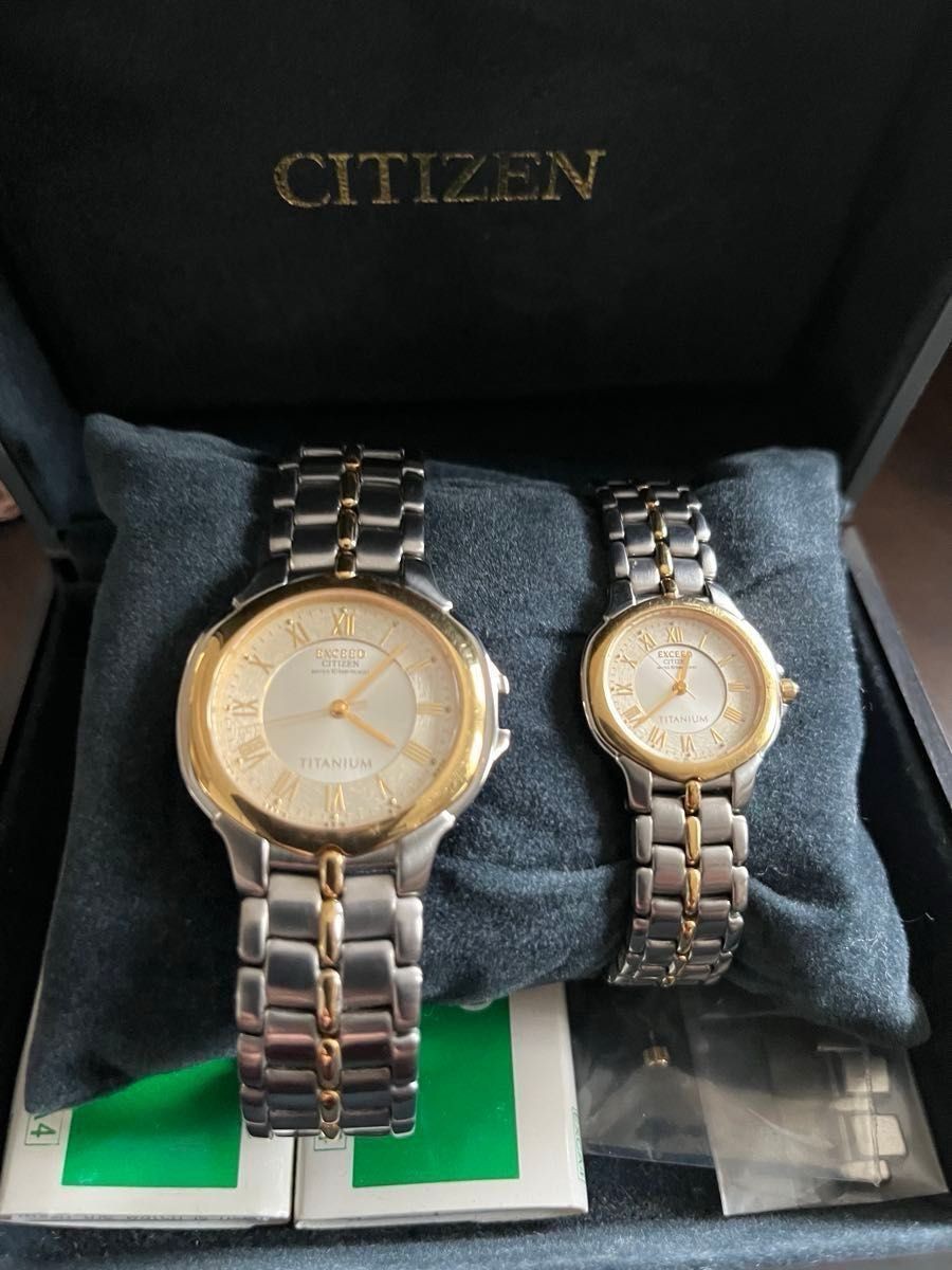 Citizen Exceed Titanium Pair Watch Set Gold Silver Two-Tone Wristwatch Japan
