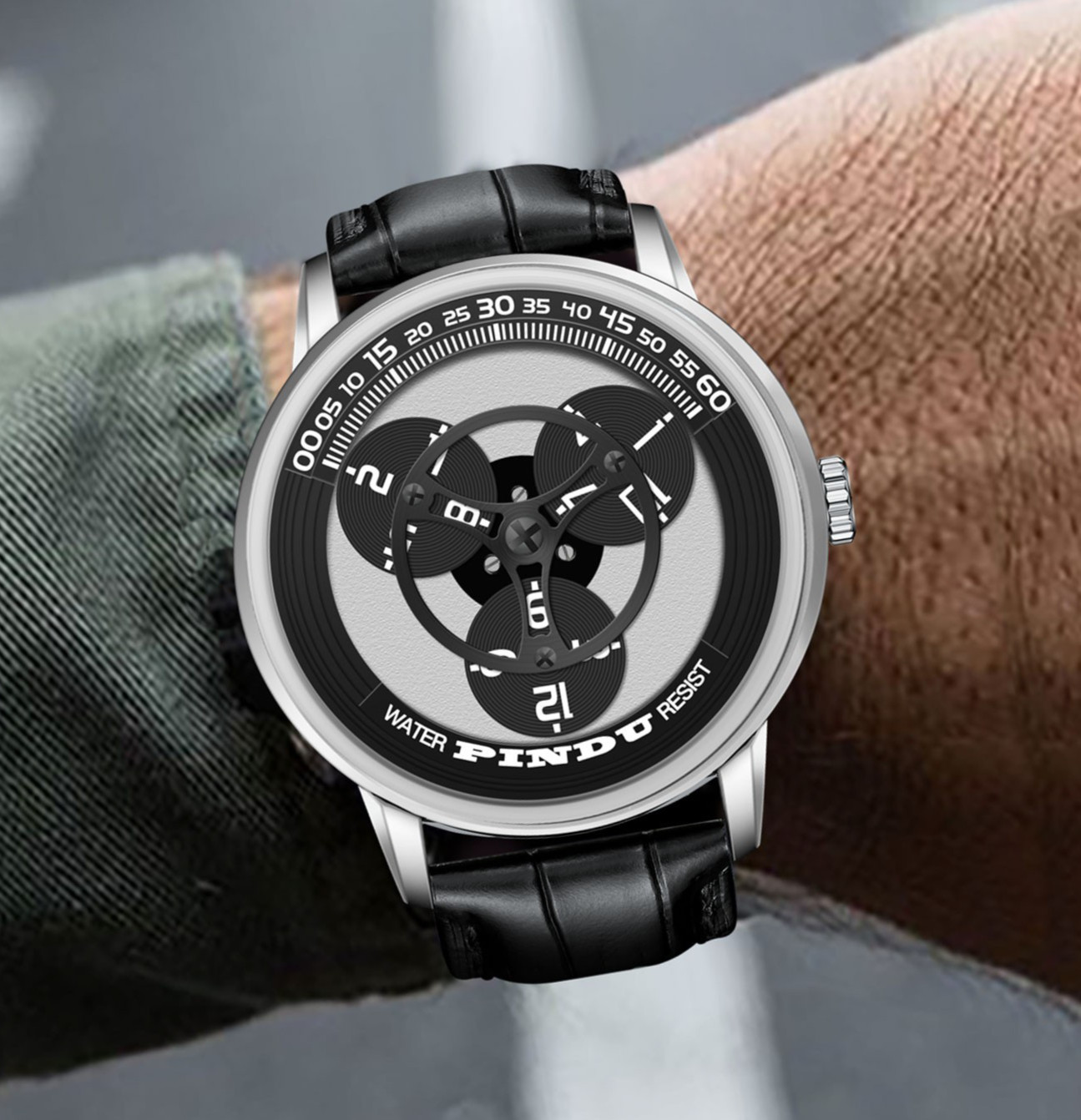 PINDU Men’s Automatic Watch Unique Rotating Disc Dial Miyota 8215 Luminous Leath