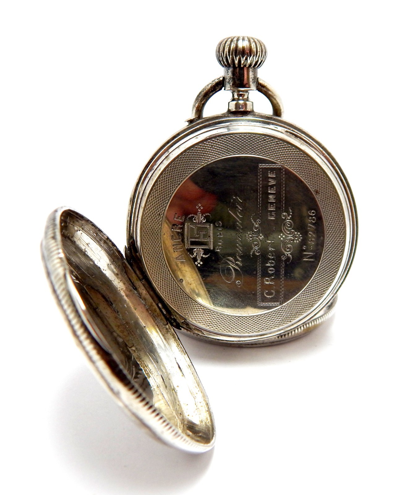 Pocket Watch ANCRE C. ROBERT Geneve Hunter Dial Porcelain Silver 50mm Working