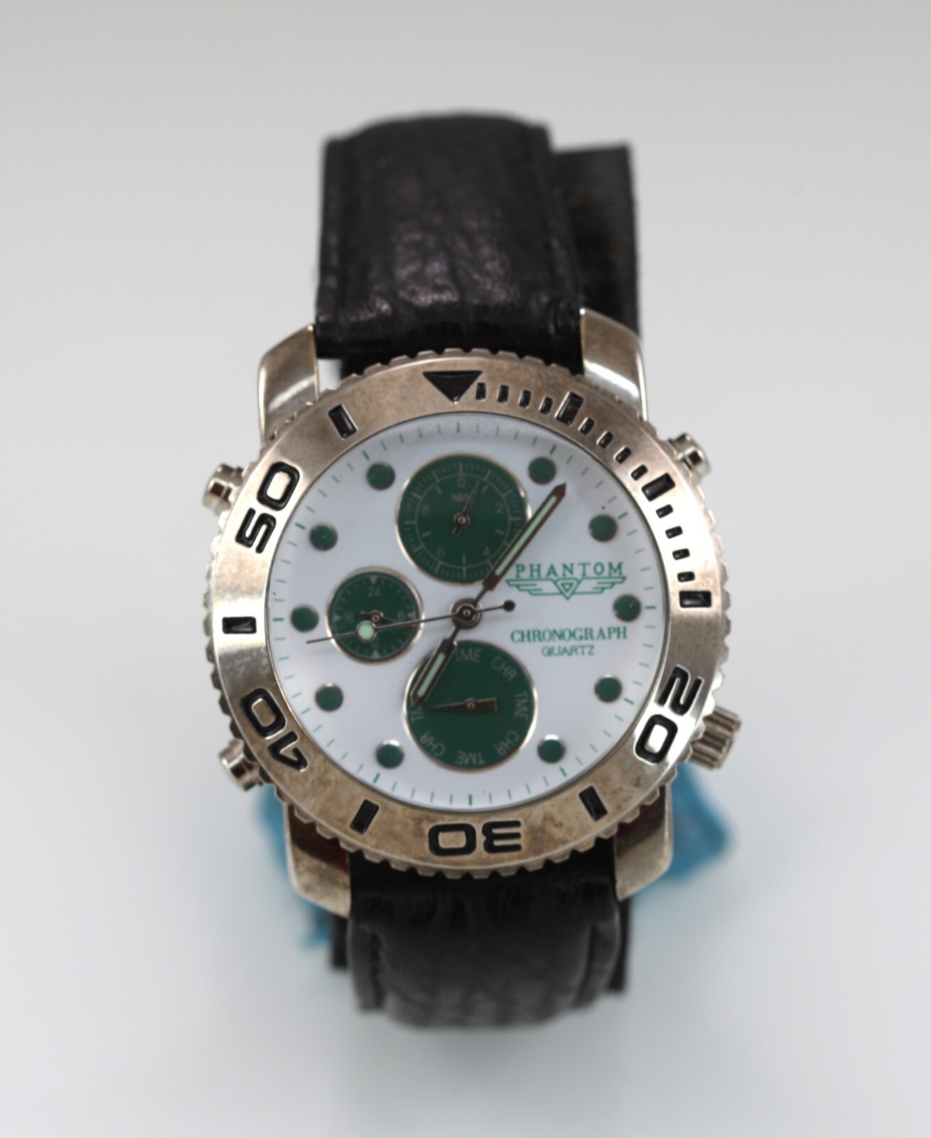 Phantom Watch Men Silver Stainless St WR Black Leather Chron White Green Quartz