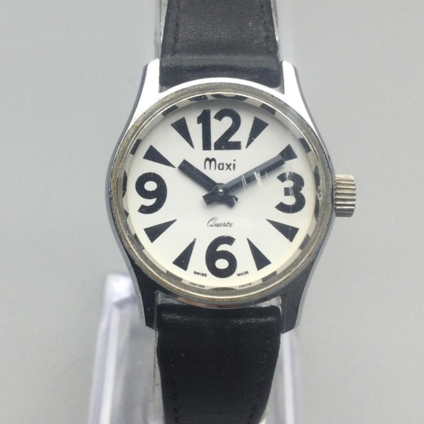Vintage Maxi Womens Watch 26mm Silver Tone Black Leather Band New Battery