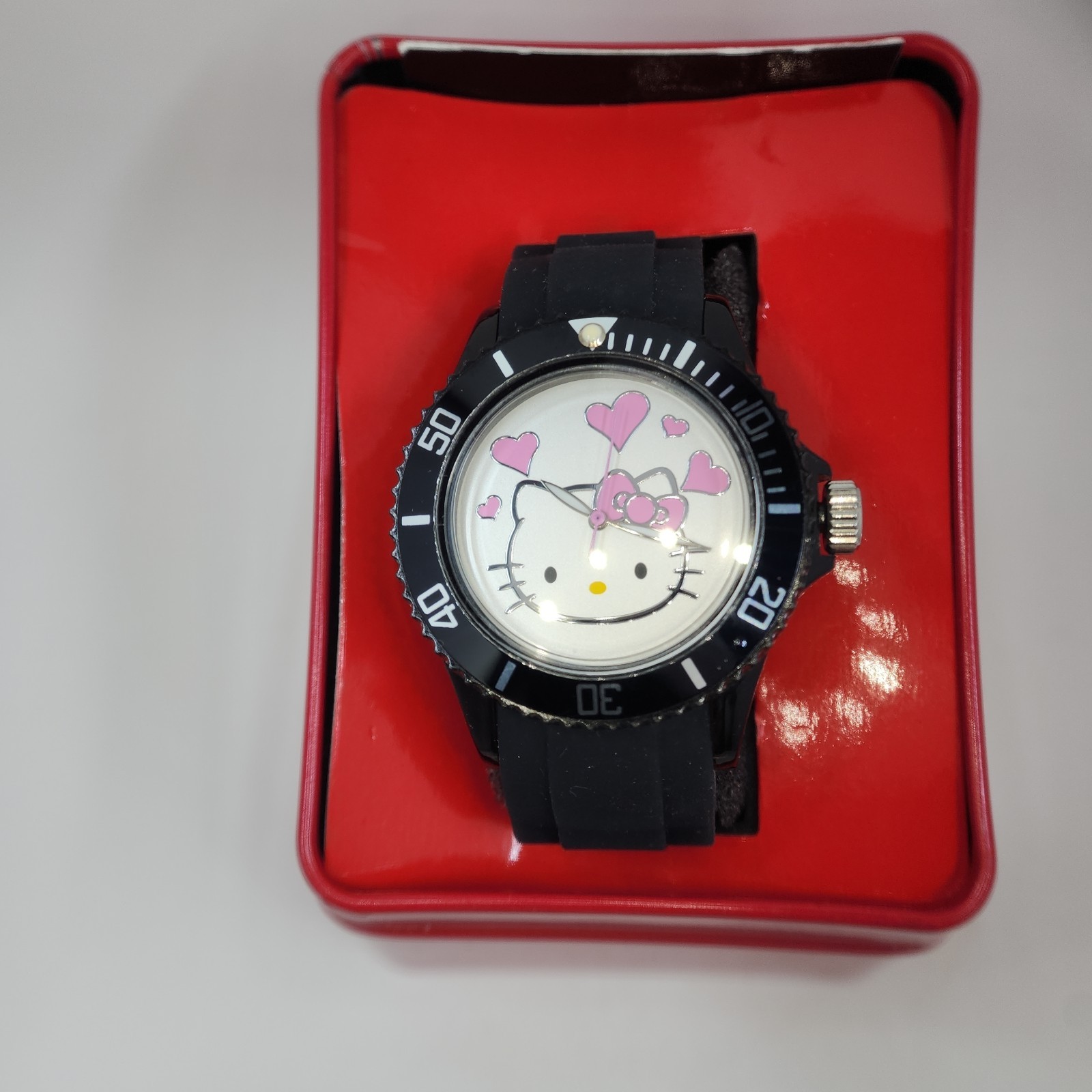 Sanrio Hello Kitty Black Silicone Band Silver Dial Pink Hearts