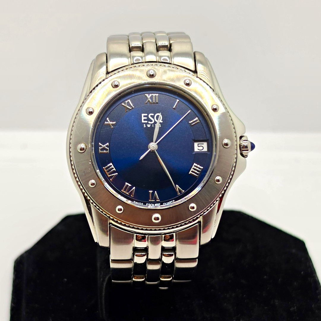 ESQ By Movado Swiss Quartz 39.3mm Blue Dial Roman Numerals Date Steel Bracelet