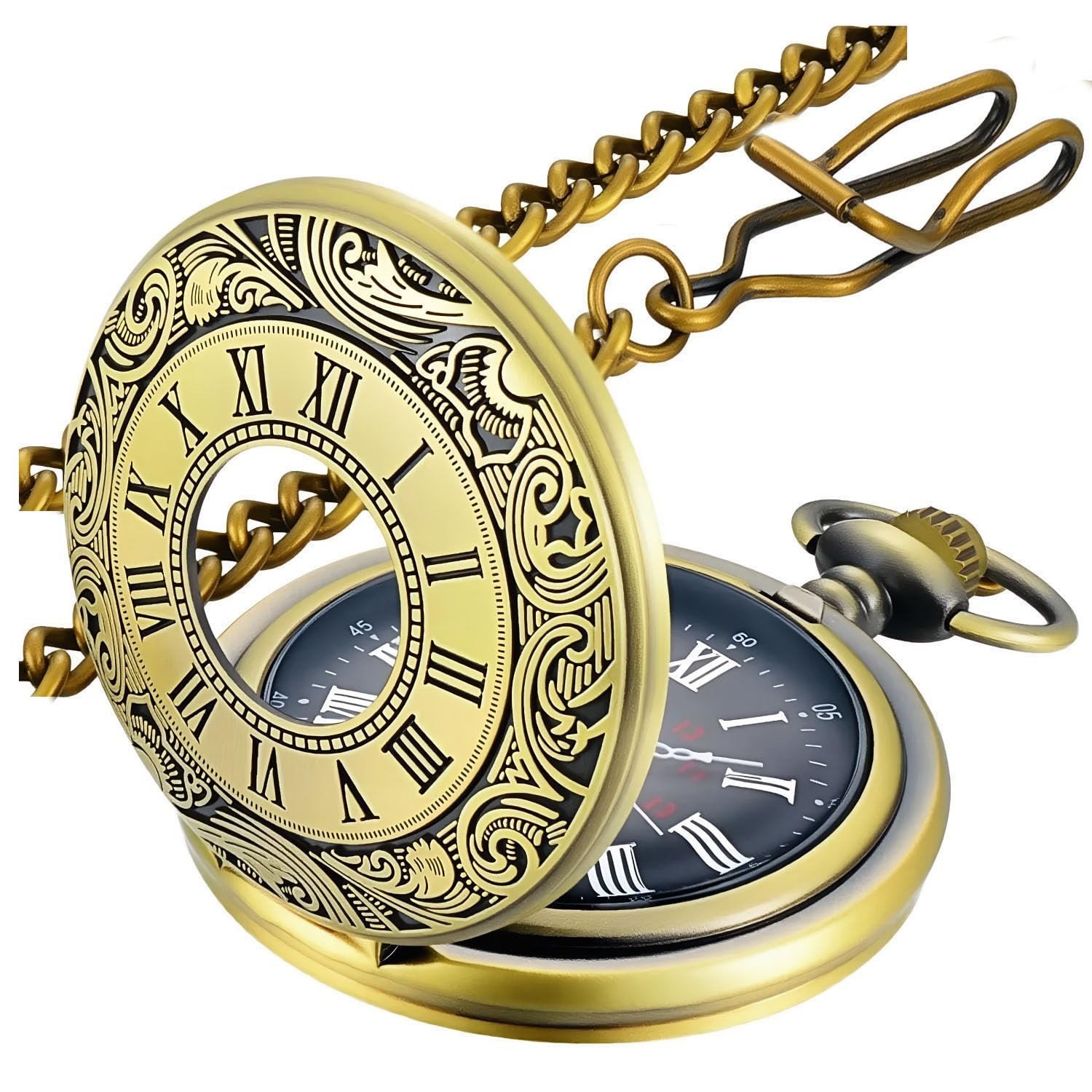 Vintage Pocket Watch Roman Numerals Quartz Watches with Chain Gift