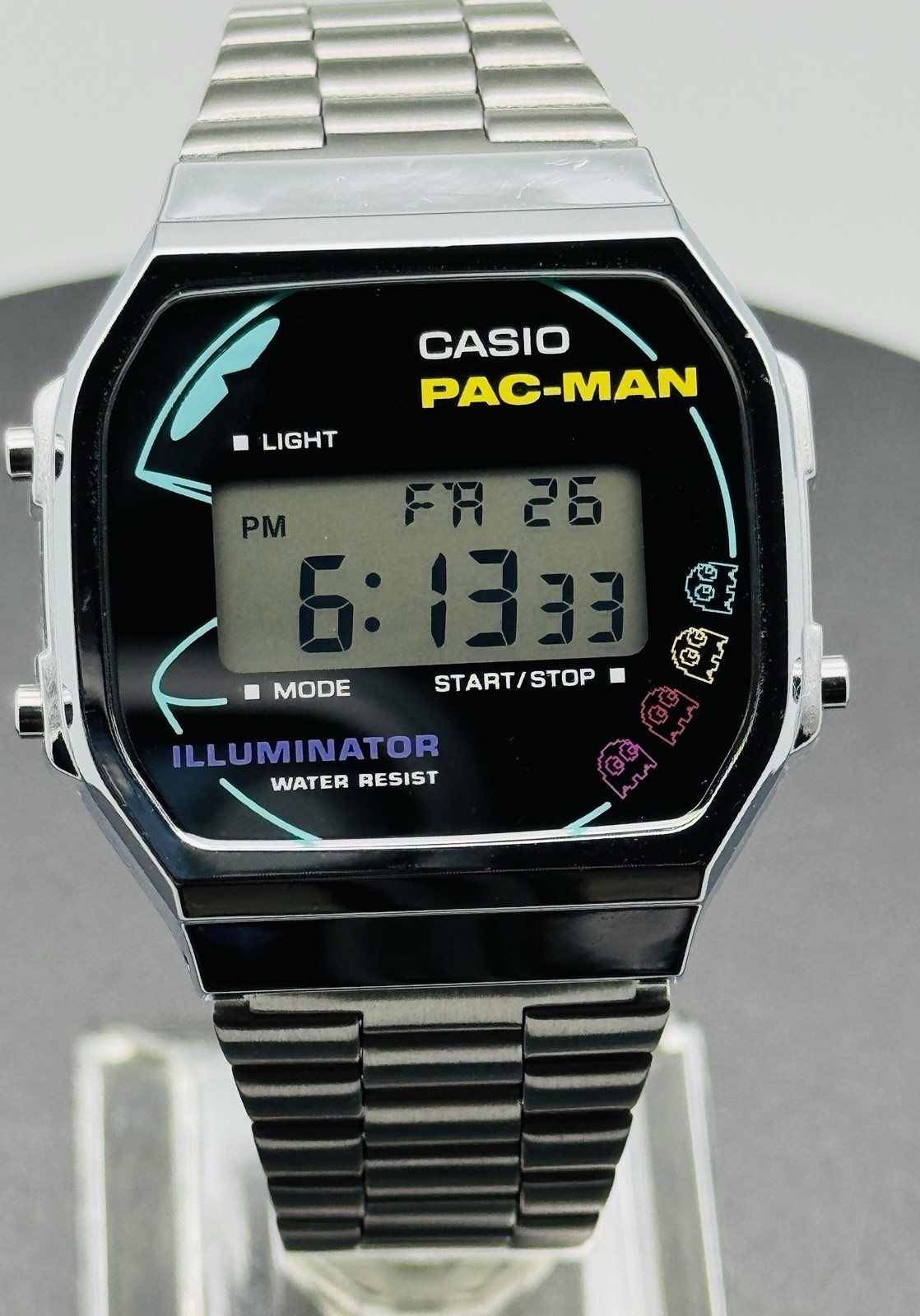 Casio PAC-MAN Retro Watch Digital LCD A168WEPC-7A Silver Illuminator Bracelet
