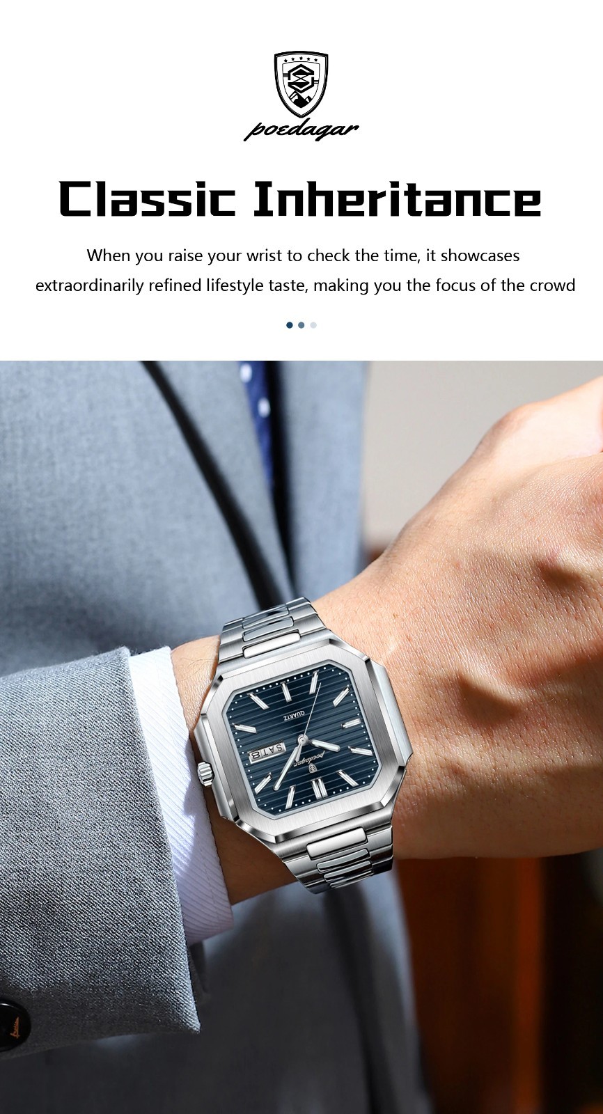 Luxury Men’s Watch Square Stainless Steel Waterproof Luminous Date Week