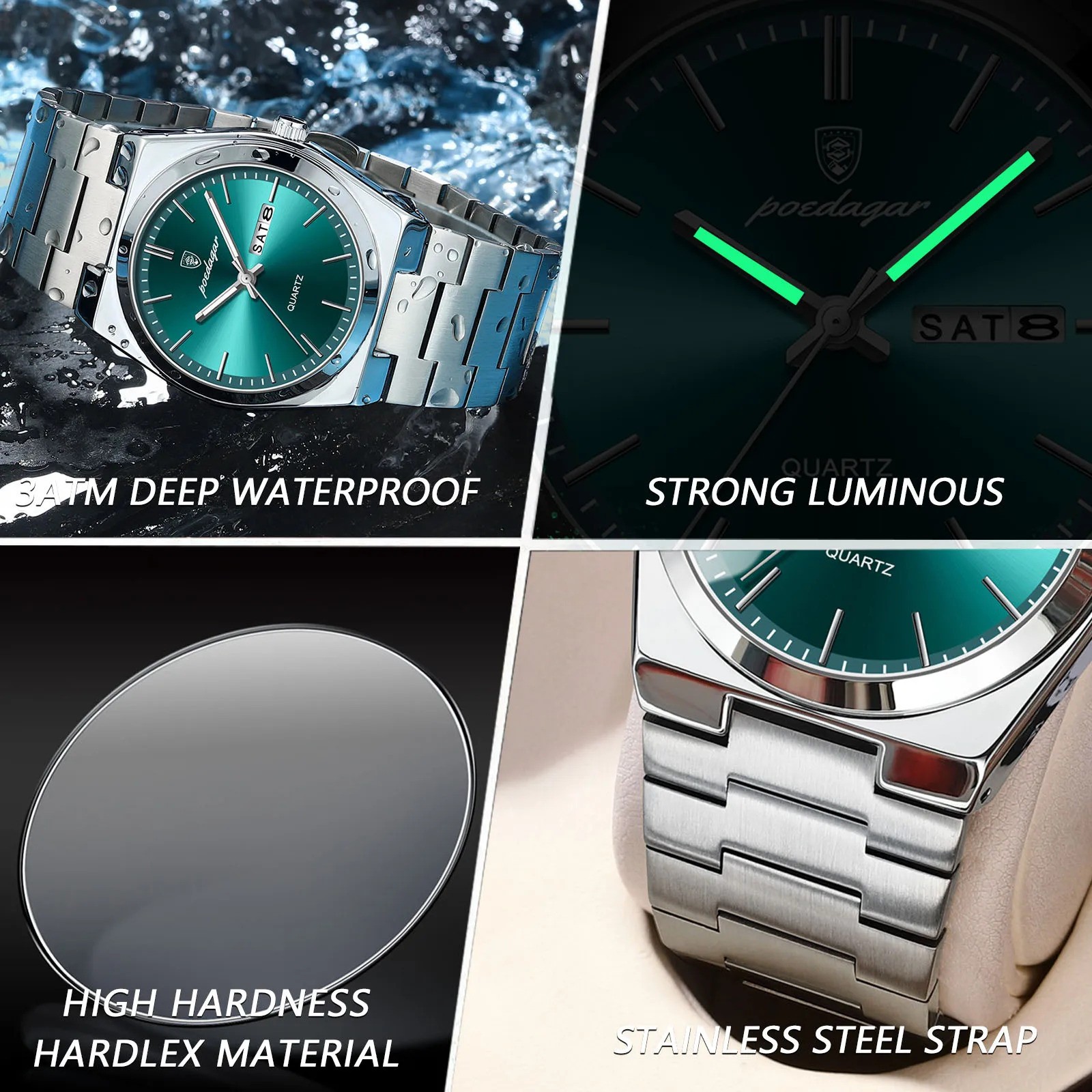 POEDAGAR Men’s Quartz Watch Stainless Steel Waterproof Day Date Luminous