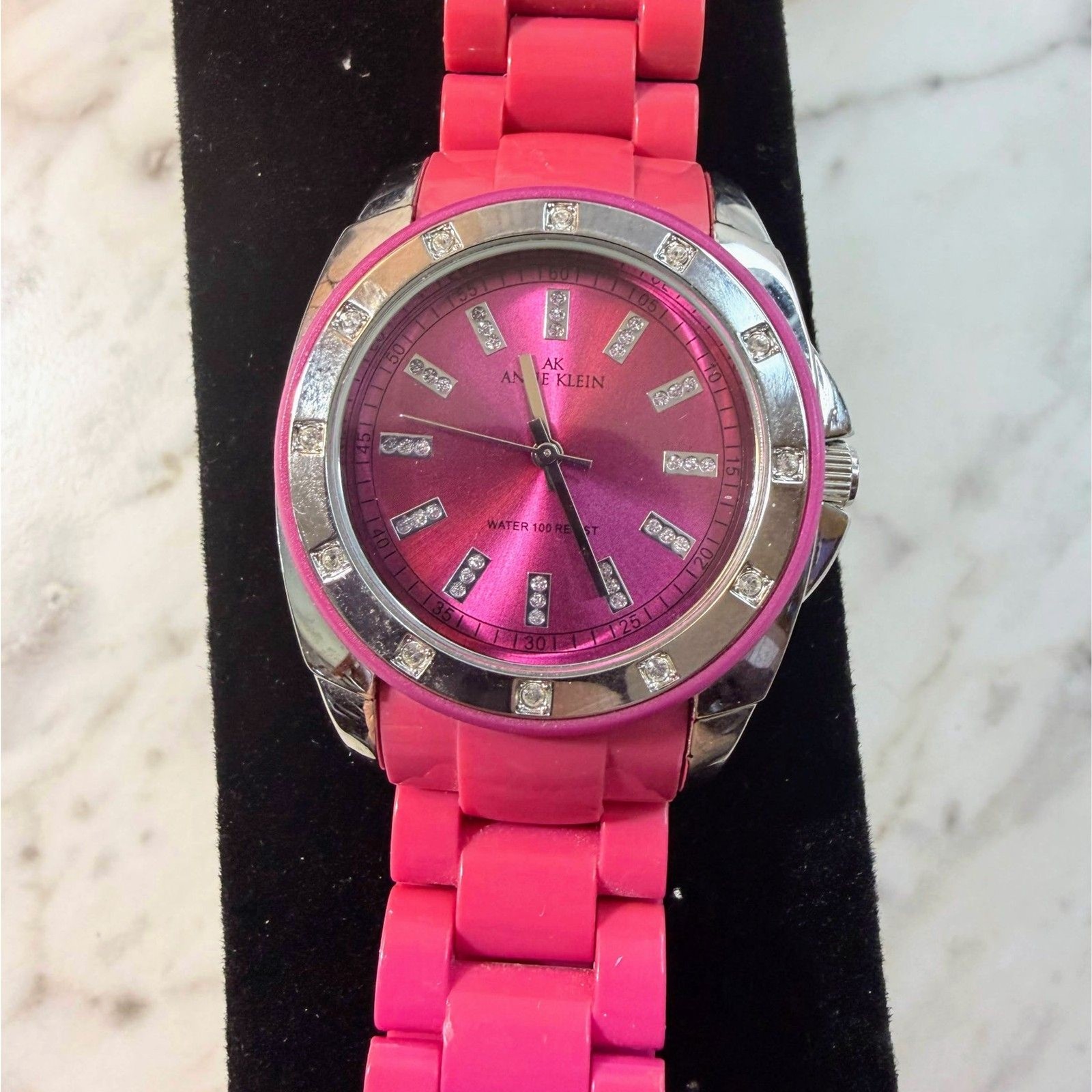 Anne Klein Watch Pink Plastic Resin Link Bracelet Crystal Bezel New Battery