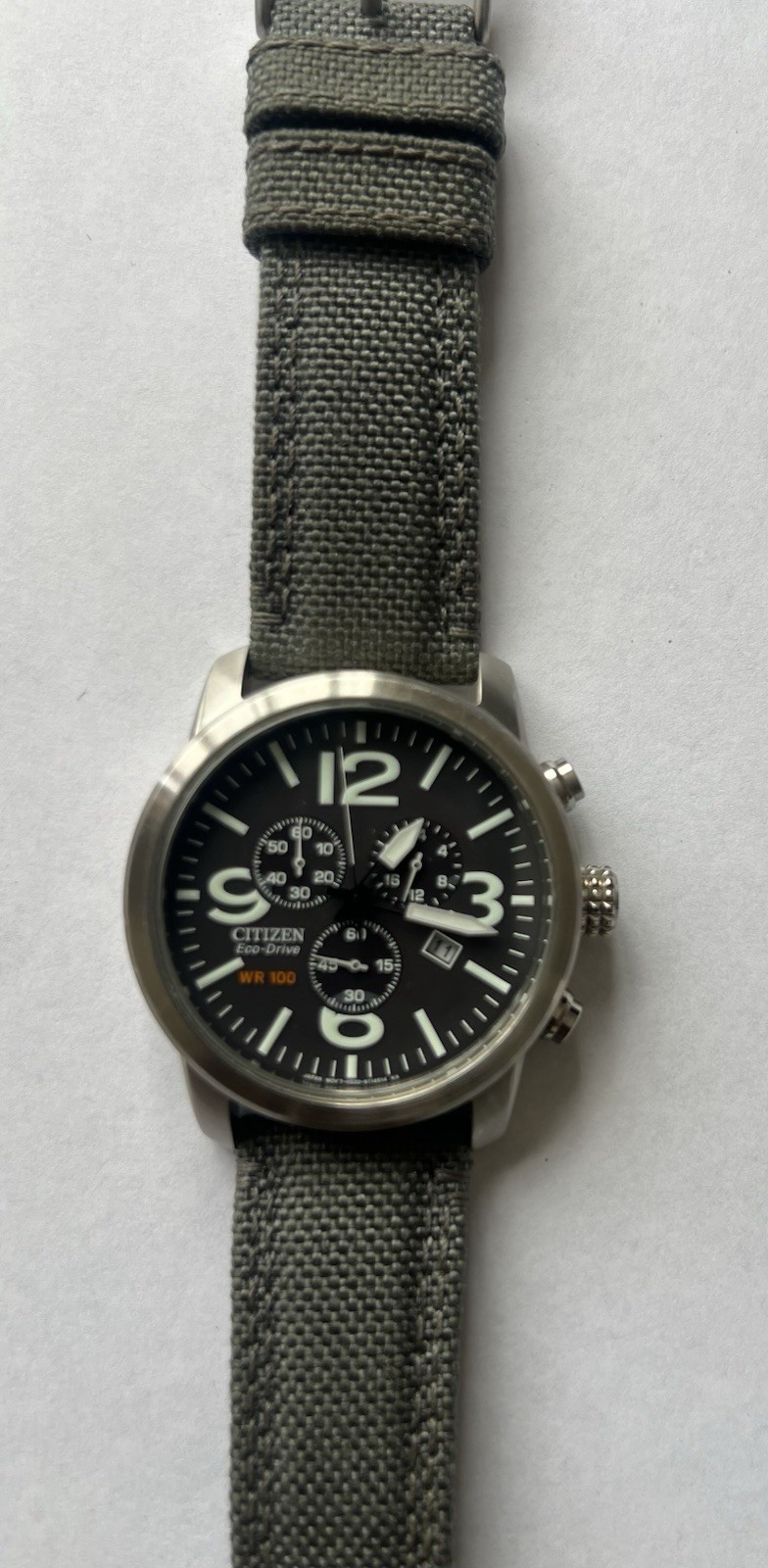 MEN’S CITIZEN ECO-DRIVE MILITARY AVIATOR STYLE CHRONOGRAPH WATCH – WR 100