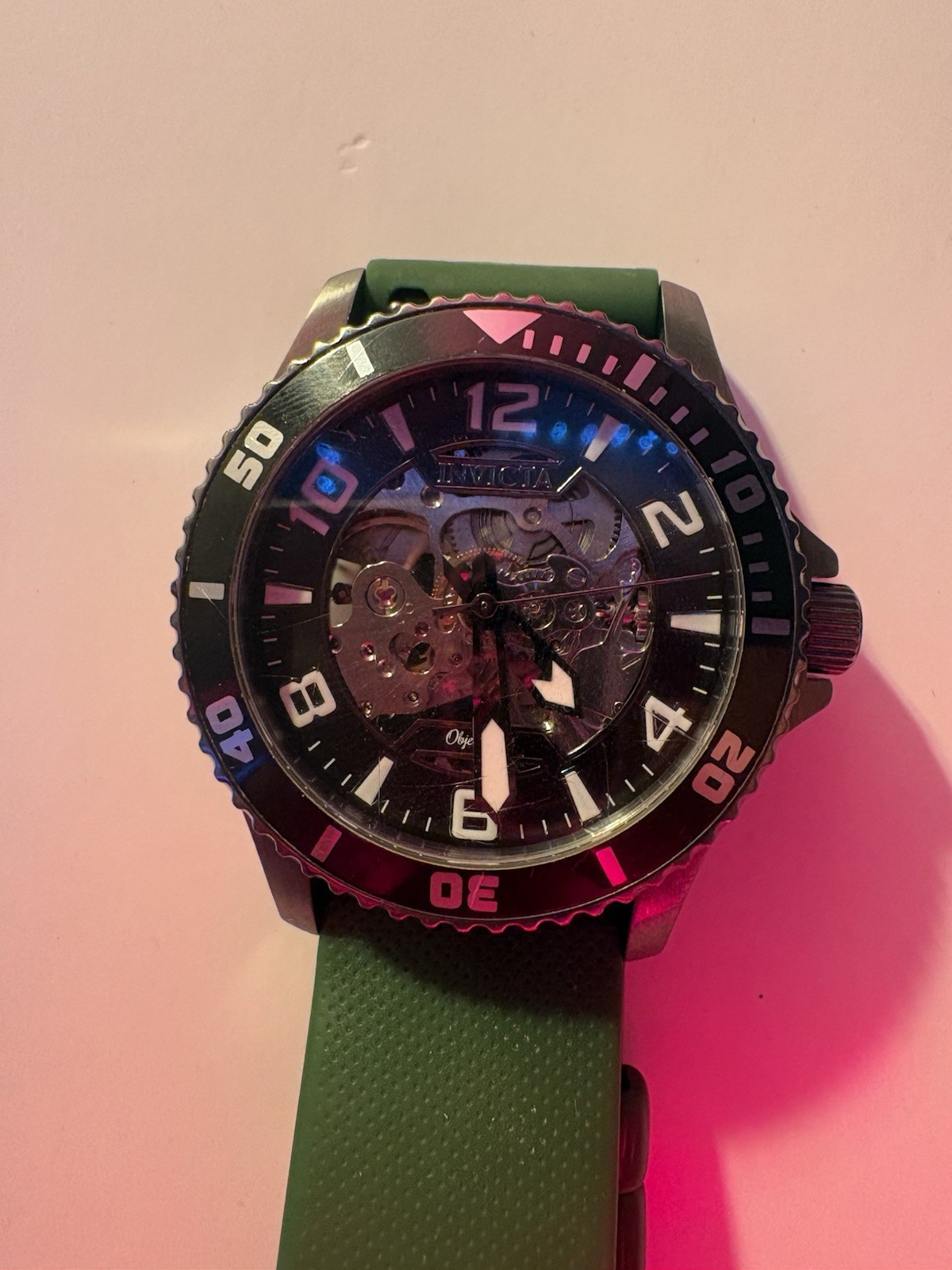 Invicta Objet D Art Automatic Skeleton Dial Diver Watch Green Silicone Strap