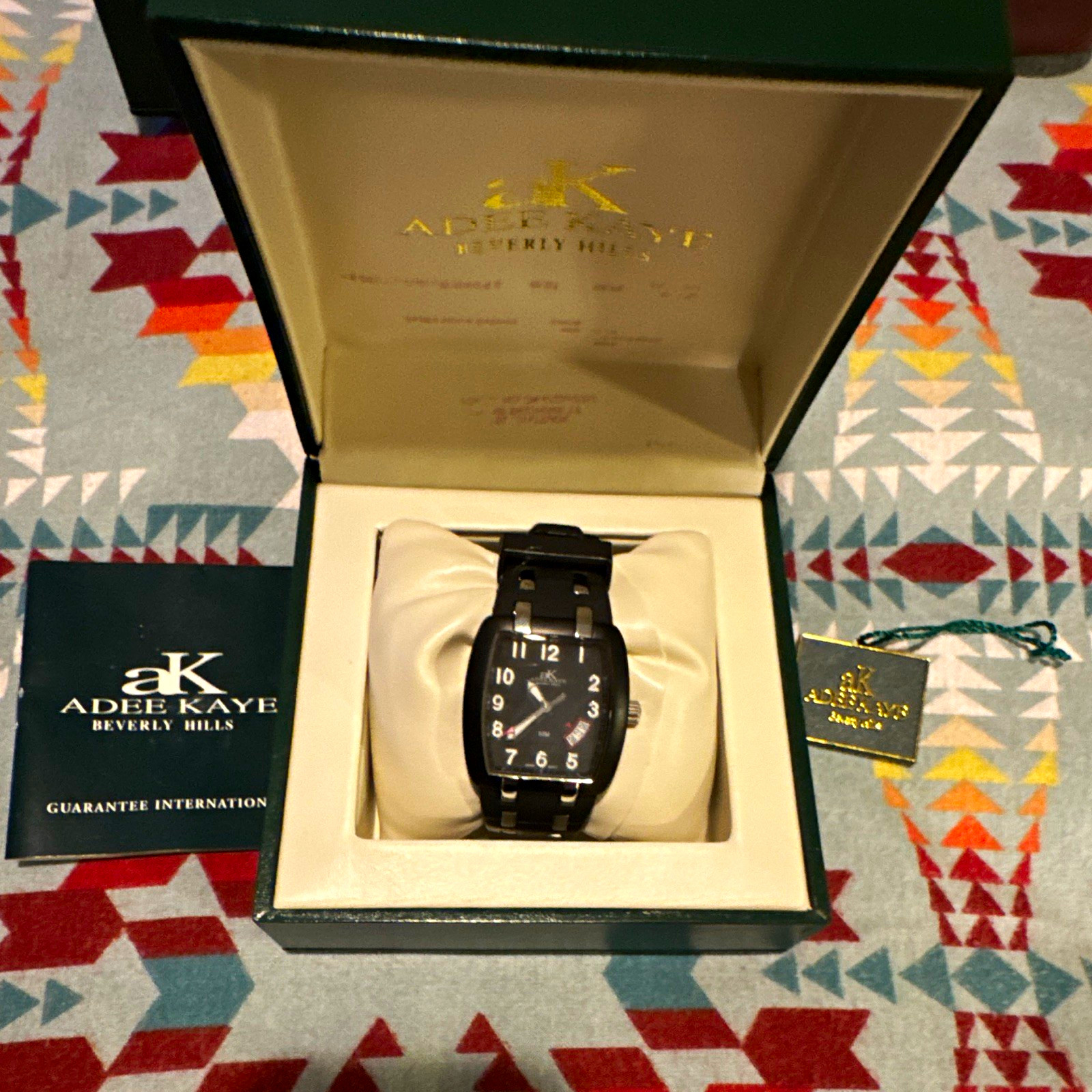 Adee Kaye Beverly Hills Quartz Rectangle Watch Black Dial Rubber Strap Date Box