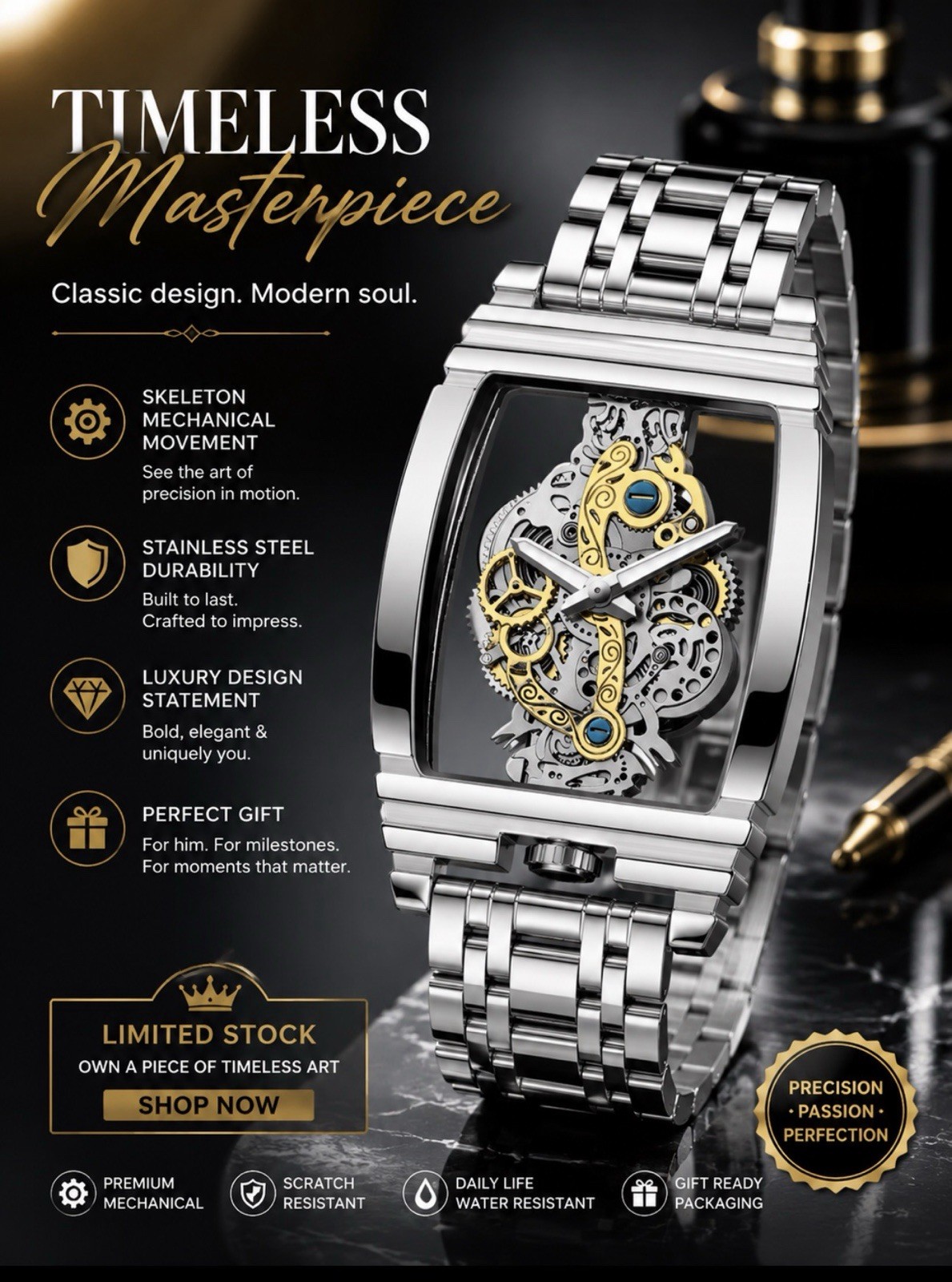 Men’s Skeleton Dial Manual Mechanical Tonneau Watch Silver SS Bracelet WR