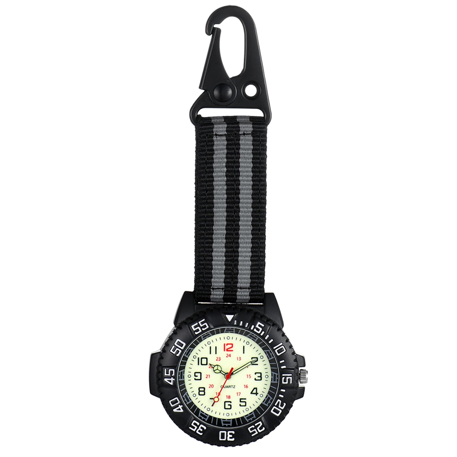 Nylon Band Outdoors Hiking Backpack Belt Clip-on Fob Watch 24H Lumious Carabiner