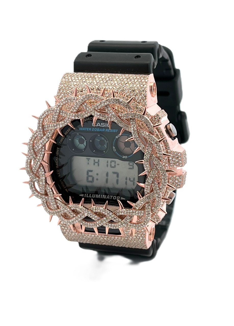 Casio G-Shock DW6900 925 Silver Moissanite 5.50CT Iced Out Watch Rose Tone