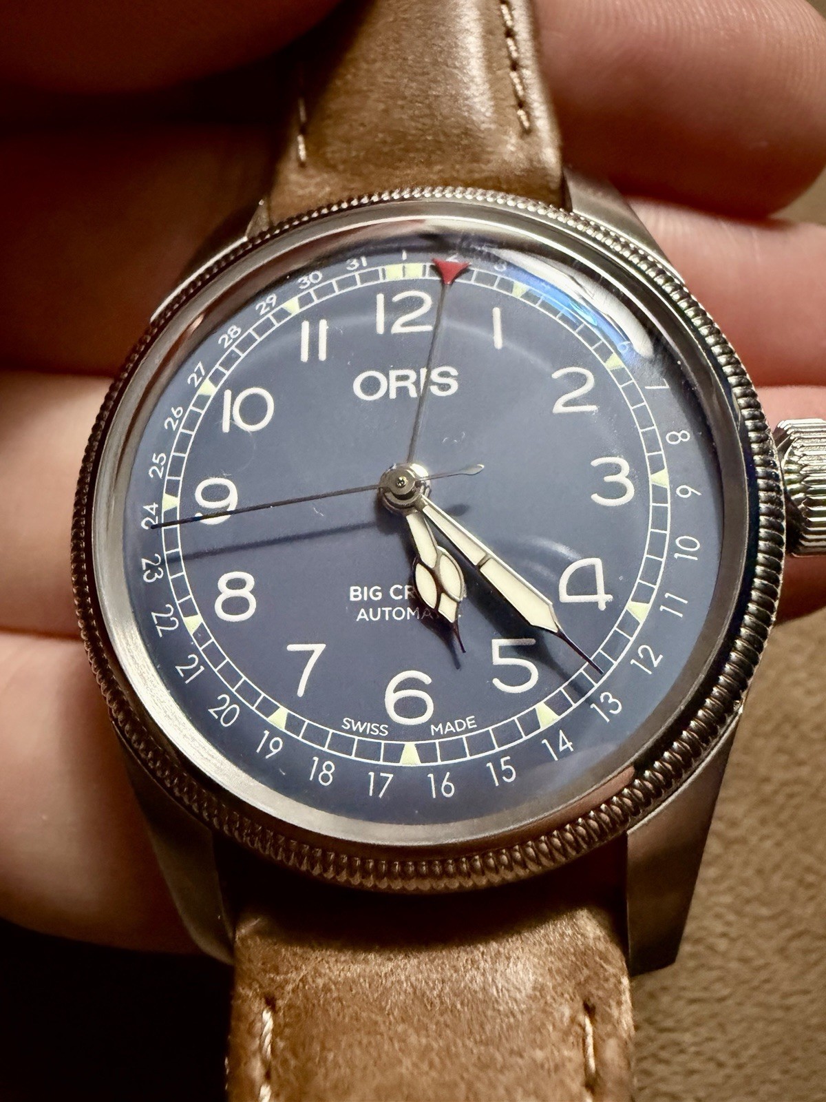 Oris Big Crown Pointer Date Auto Blue Dial Brown Leather Strap 40mm Box/Pprs