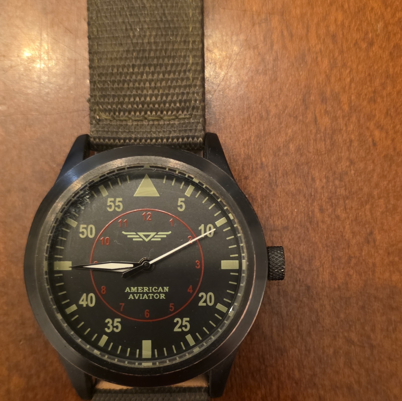 American Aviator Men’s Quartz Military Watch 44mm Black/Red Dial Green Nylon