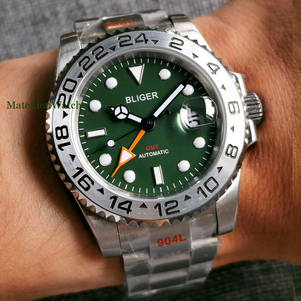 40mm Sapphire Automatic Men’s Watch GMT Date Oyster Band Green/White/Black Dial
